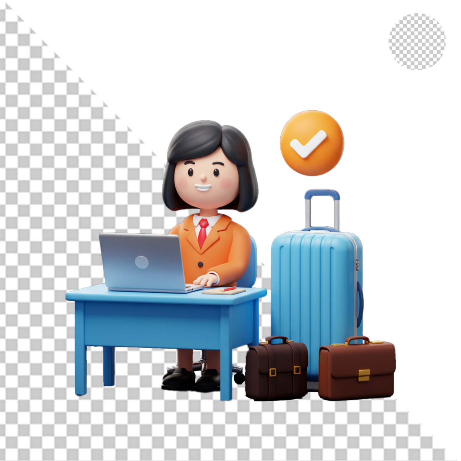 3D Business Woman With Laptop Luggage And Checkmark Isolated PNG