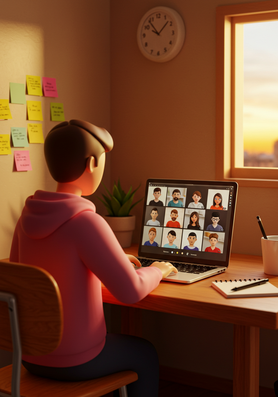 3D Cartoon Character On Online Video Call For Remote Work