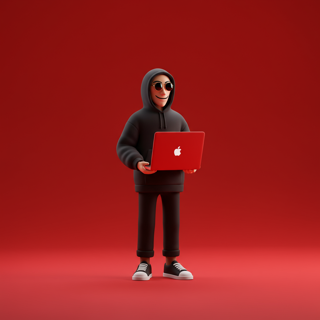 3D Cartoon Hacker Character Smiling With Laptop On Red Background
