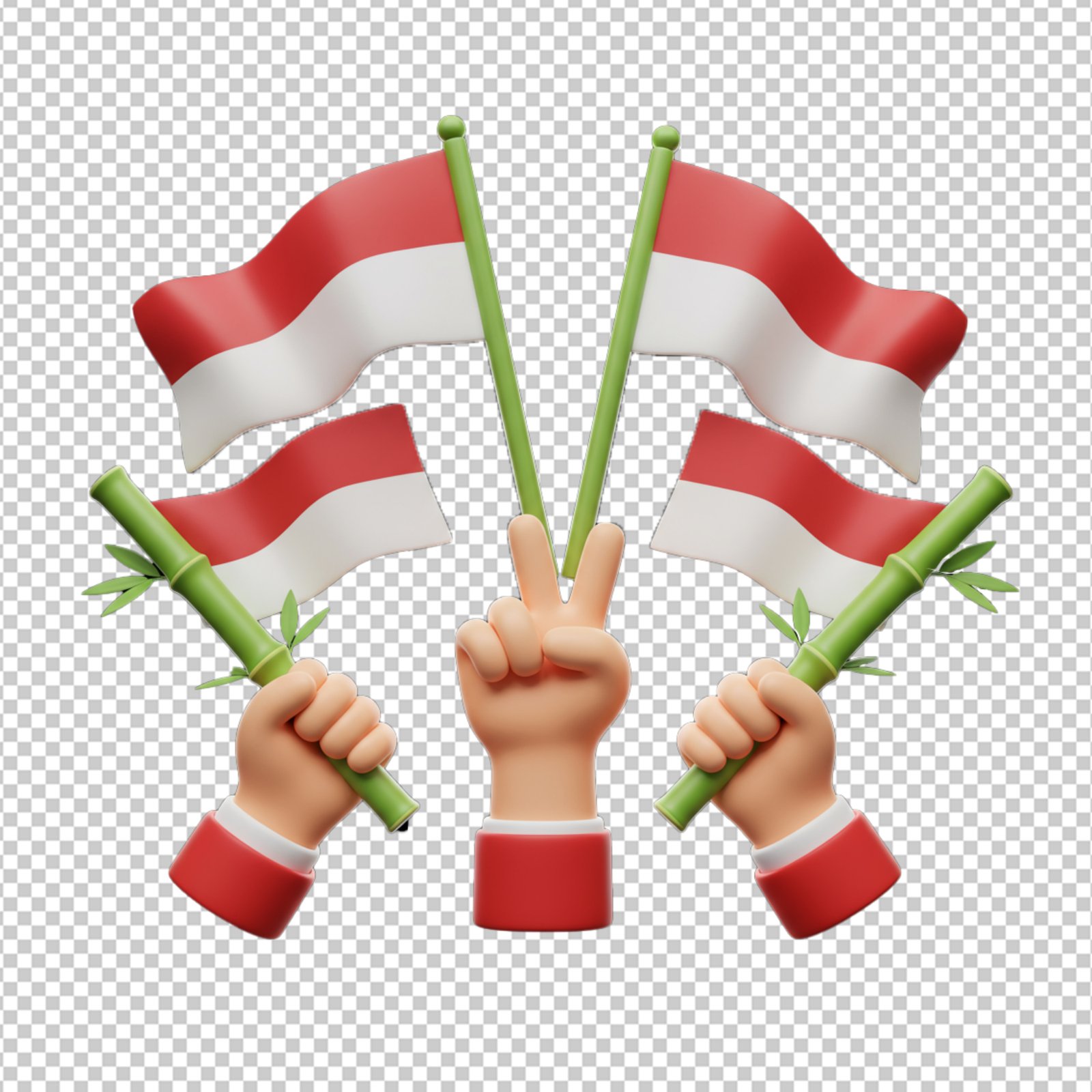 3D Cartoon Hands Waving Indonesian Flags And Victory Sign Transparent PNG