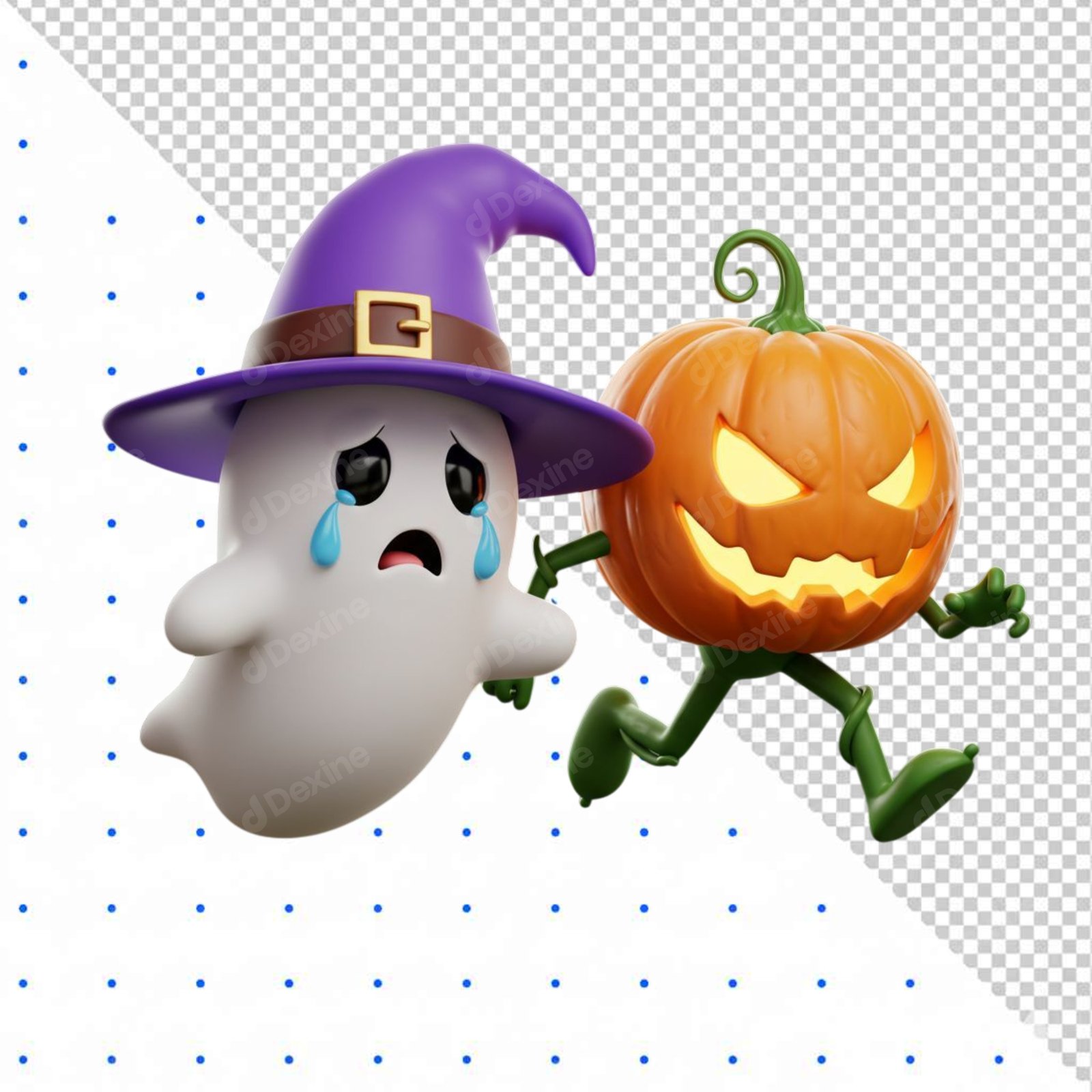 3D Crying Ghost And Evil Jack O Lantern Running Halloween Cutout PNG