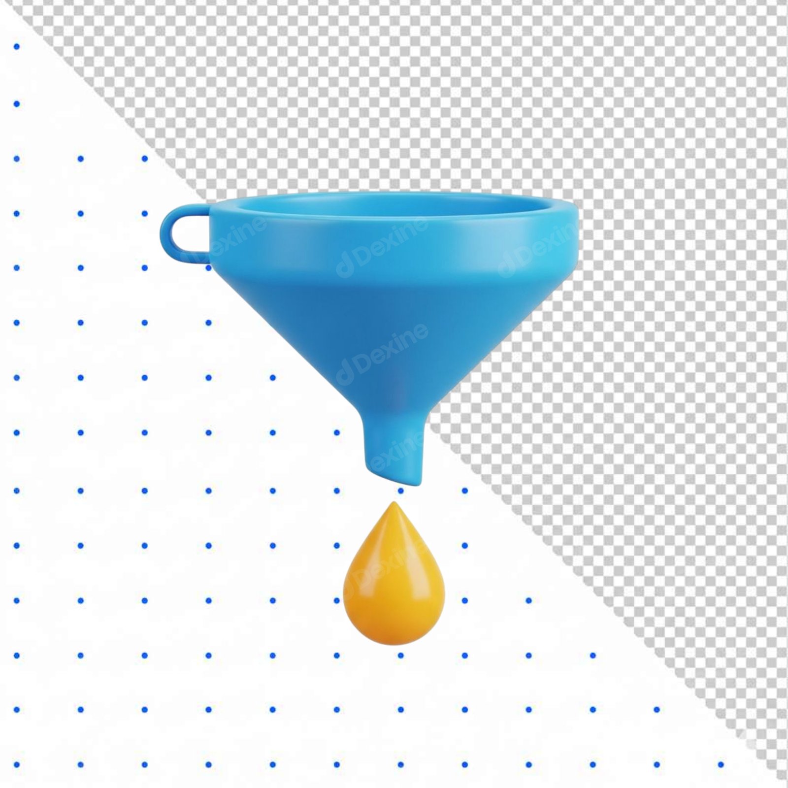 3D Glossy Blue Funnel Pouring Yellow Liquid Drop Transparent PNG