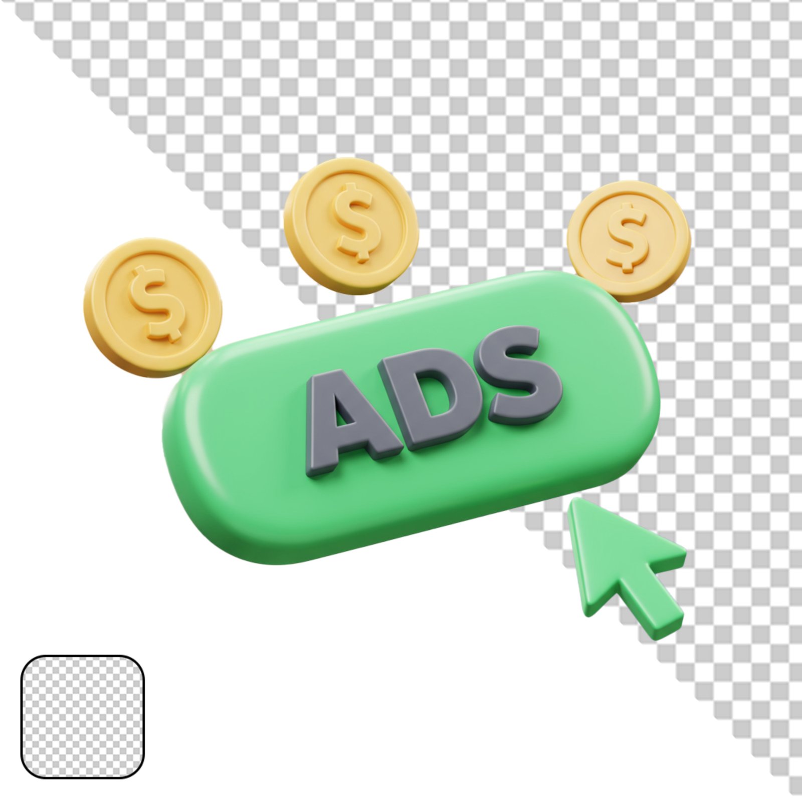 3D Green Ads Button With Dollar Coins And Cursor Transparent PNG