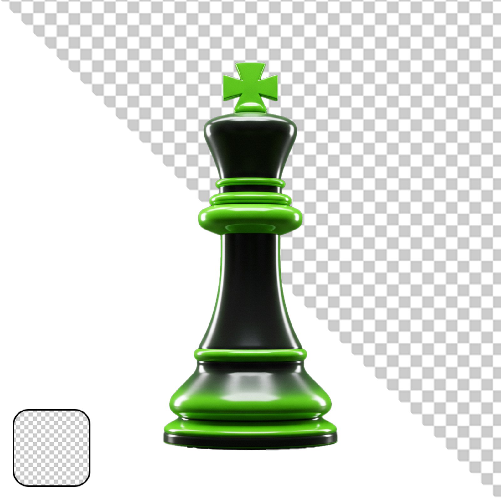 3D Green And Black Chess King Piece On Transparent Background