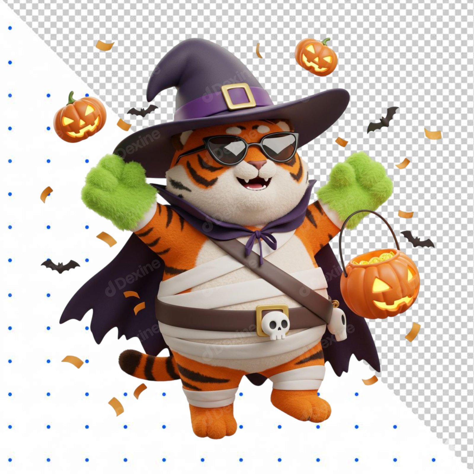 3D Halloween Tiger Mascot Mummy Witch Cutout Transparent PNG