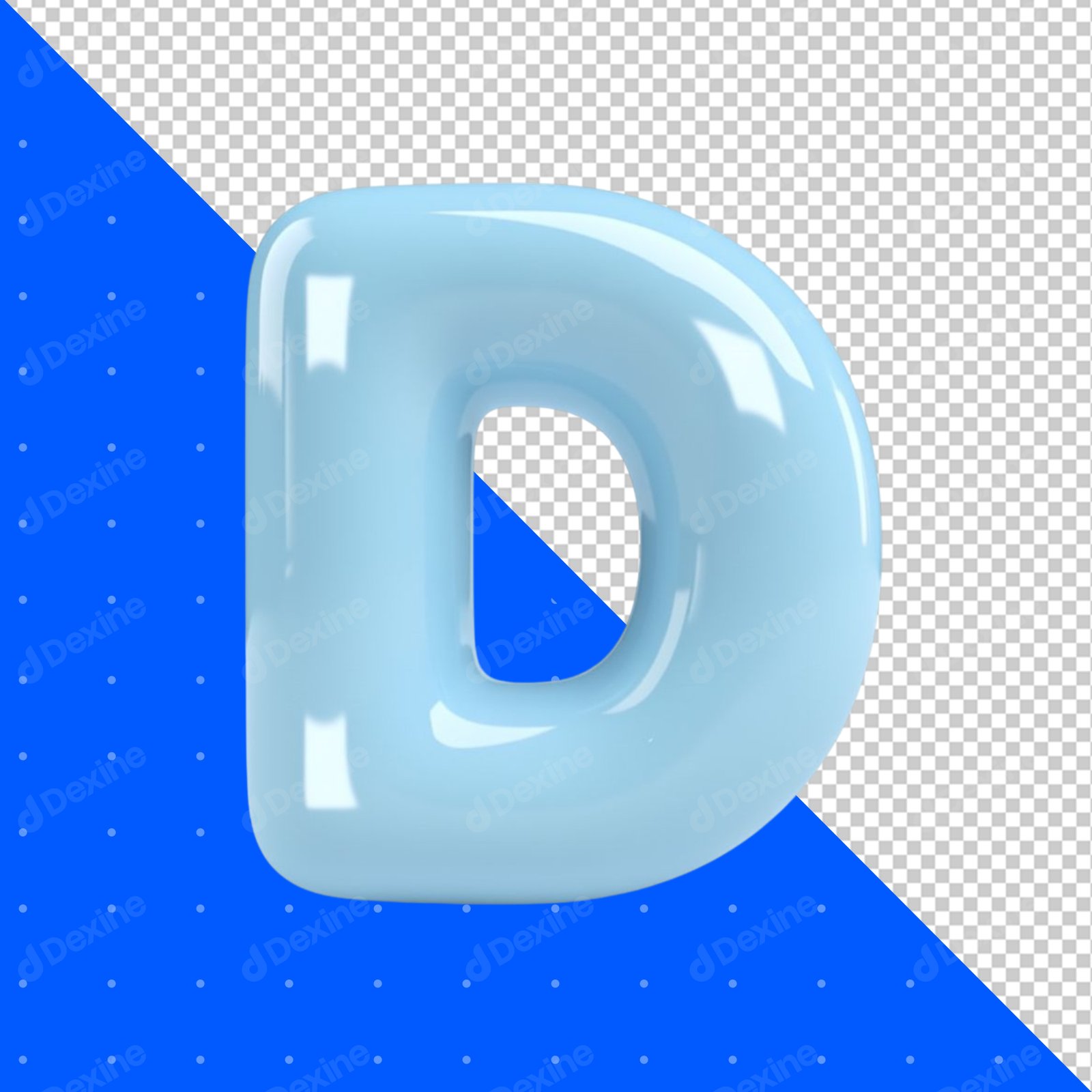 3D Light Blue Glossy Letter D Isolated On Transparent Background