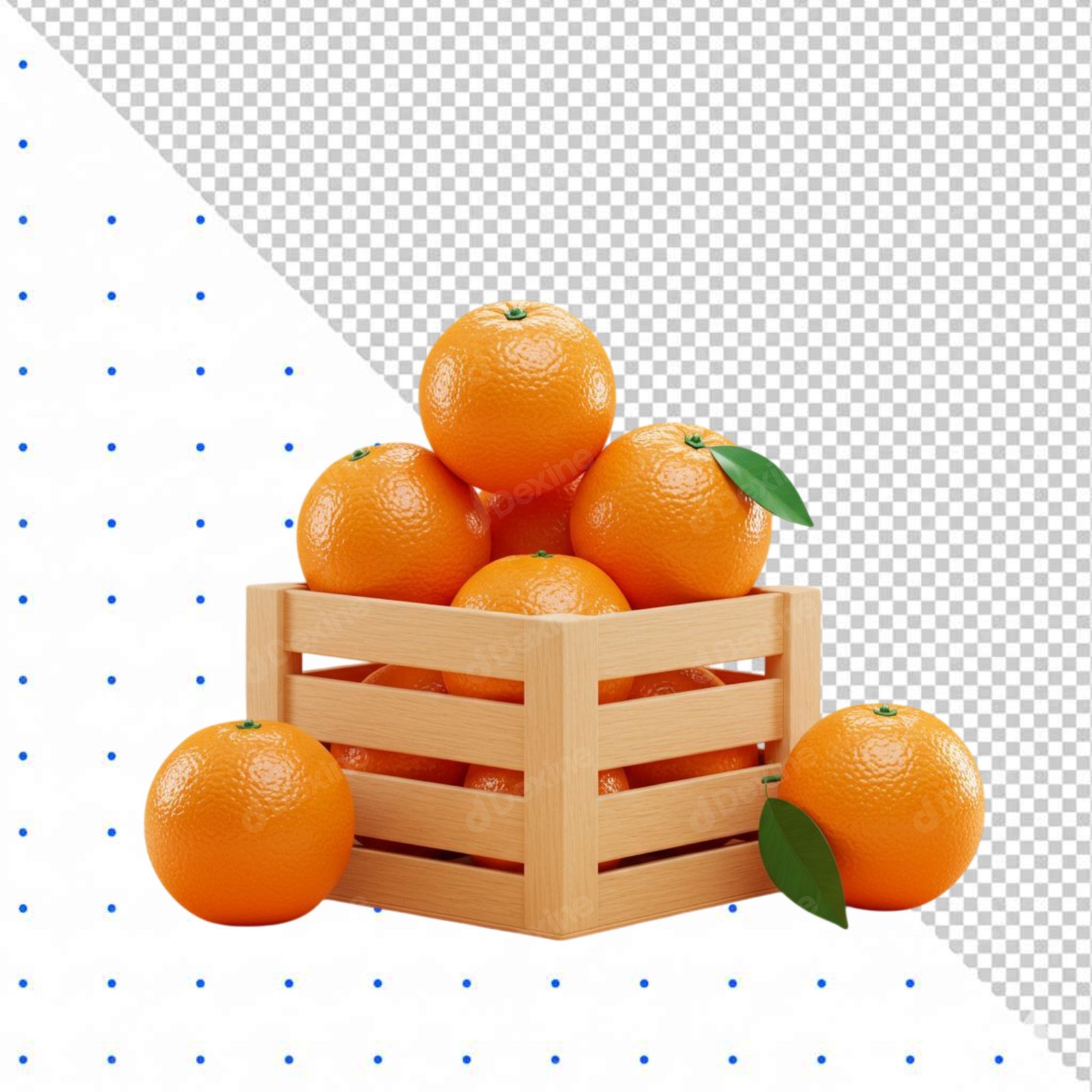 3D Oranges In Wooden Crate Isolated Cutout PNG Transparent Background