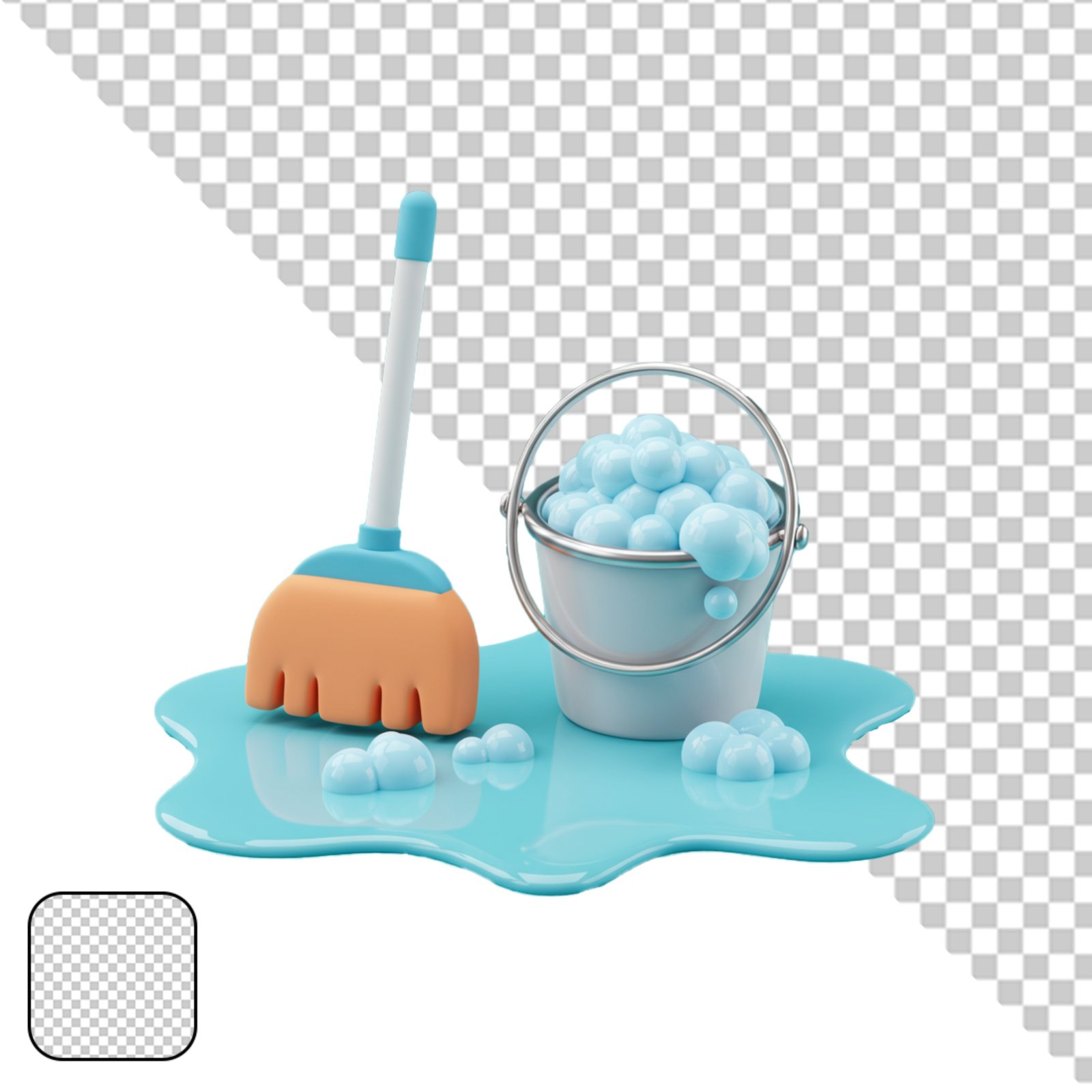 3D Render Cleaning Mop And Bucket With Soap Bubbles Transparent PNG
