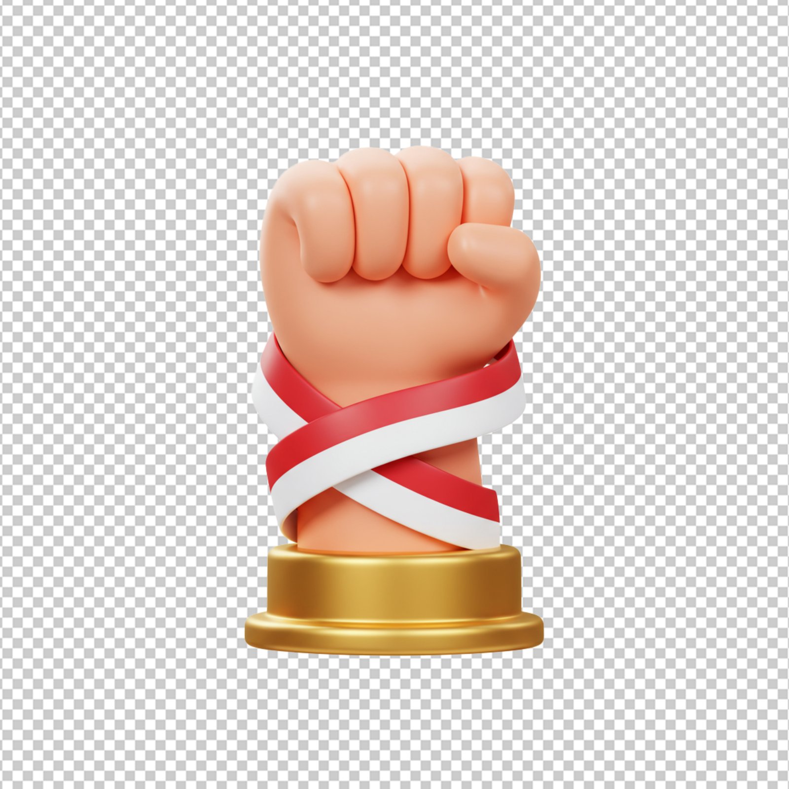 3D Rendered Power Fist With Red White Ribbon And Golden Pedestal