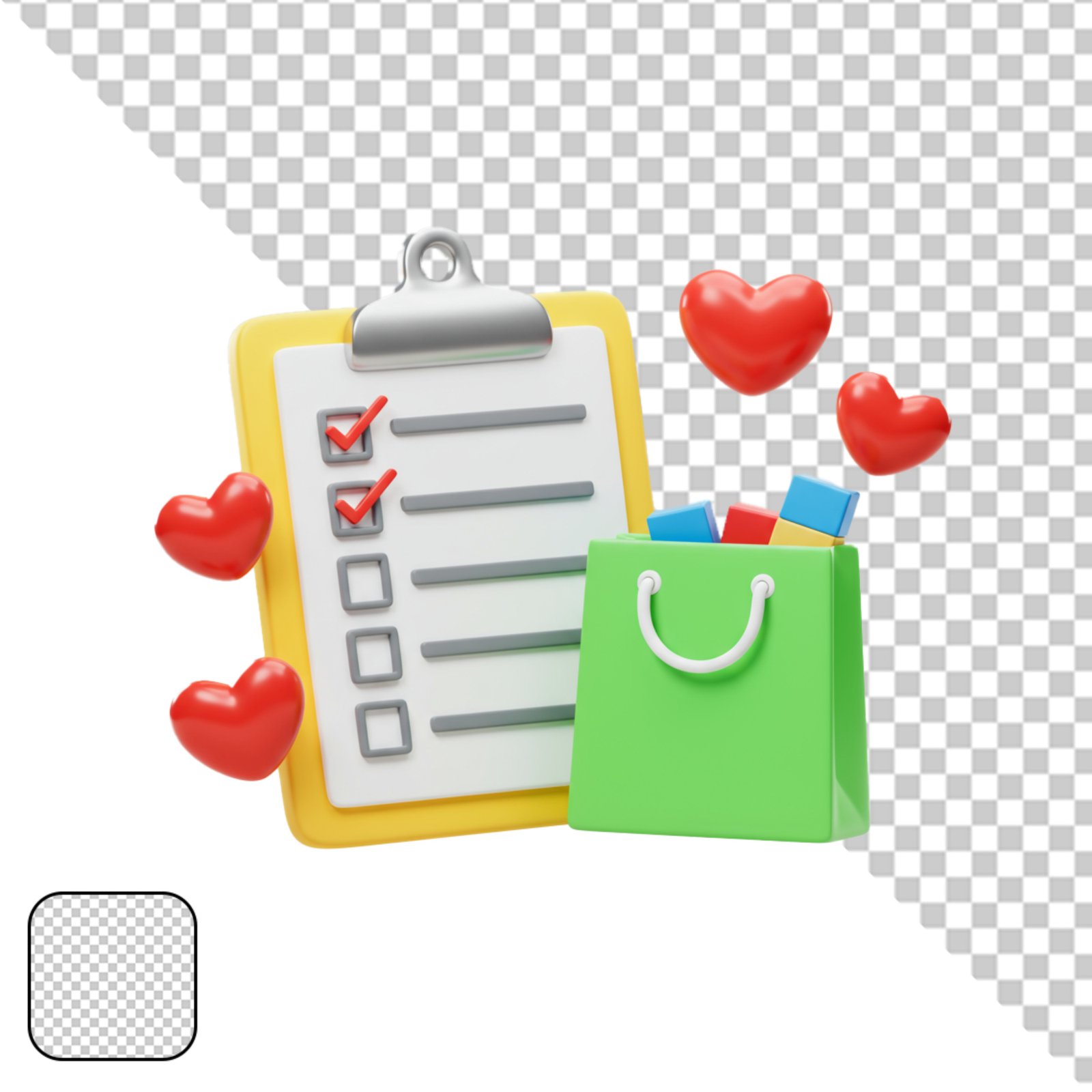 3D Shopping Checklist And Bag With Hearts Transparent PNG Element