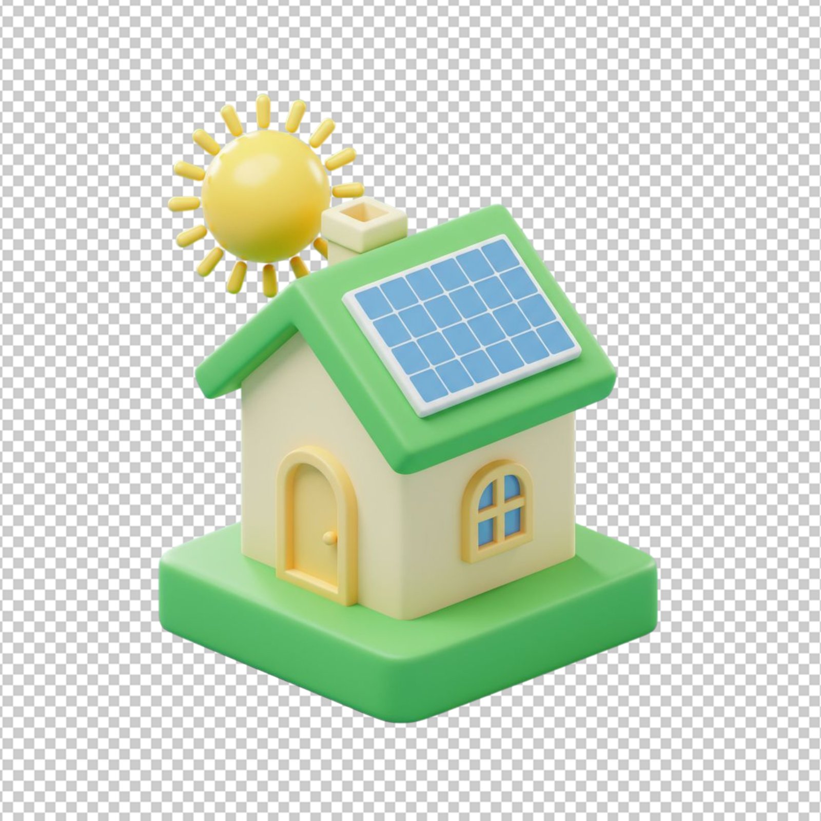 3D Solar Powered House Icon With Sun And Green Energy Panel