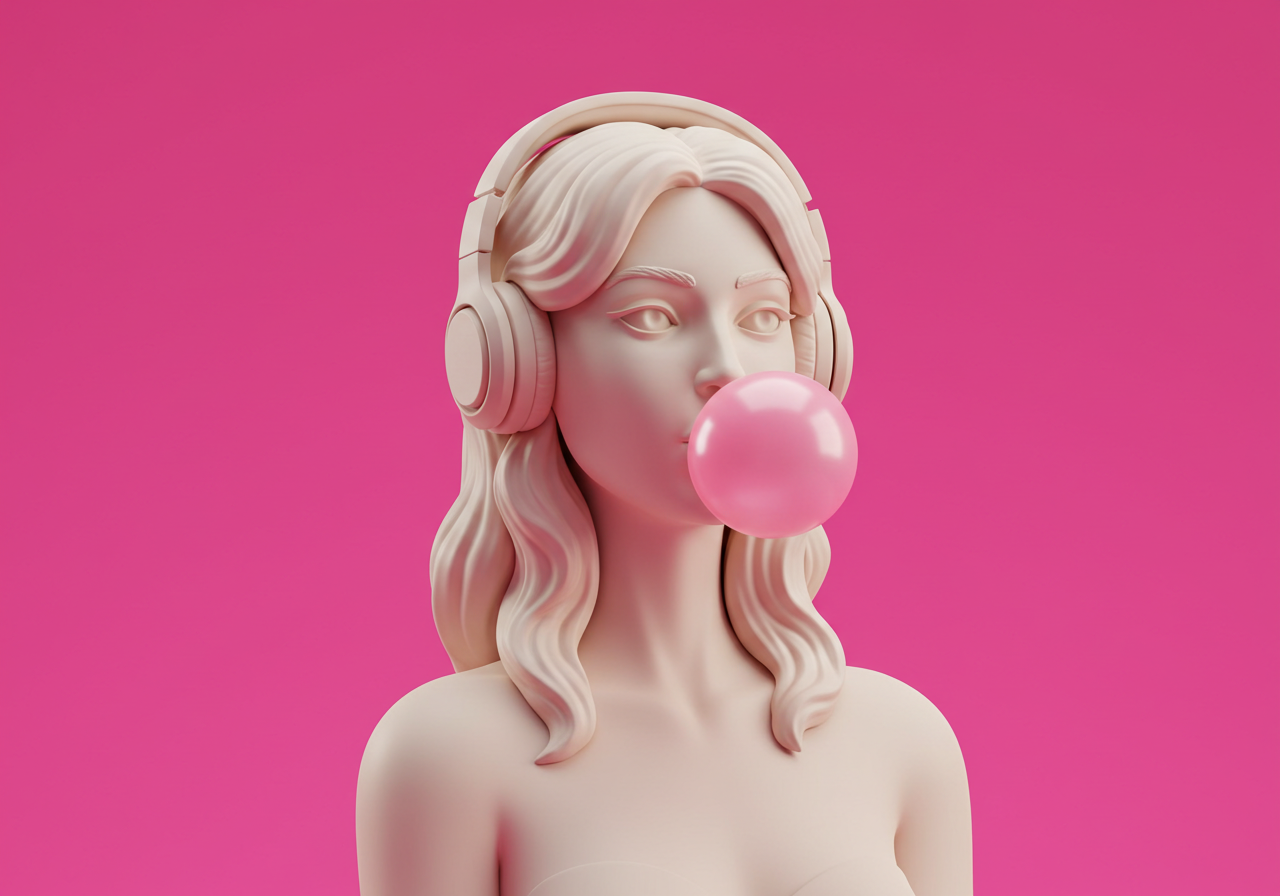 3D Stylized Female Bust With Headphones Blowing Pink Bubble Gum