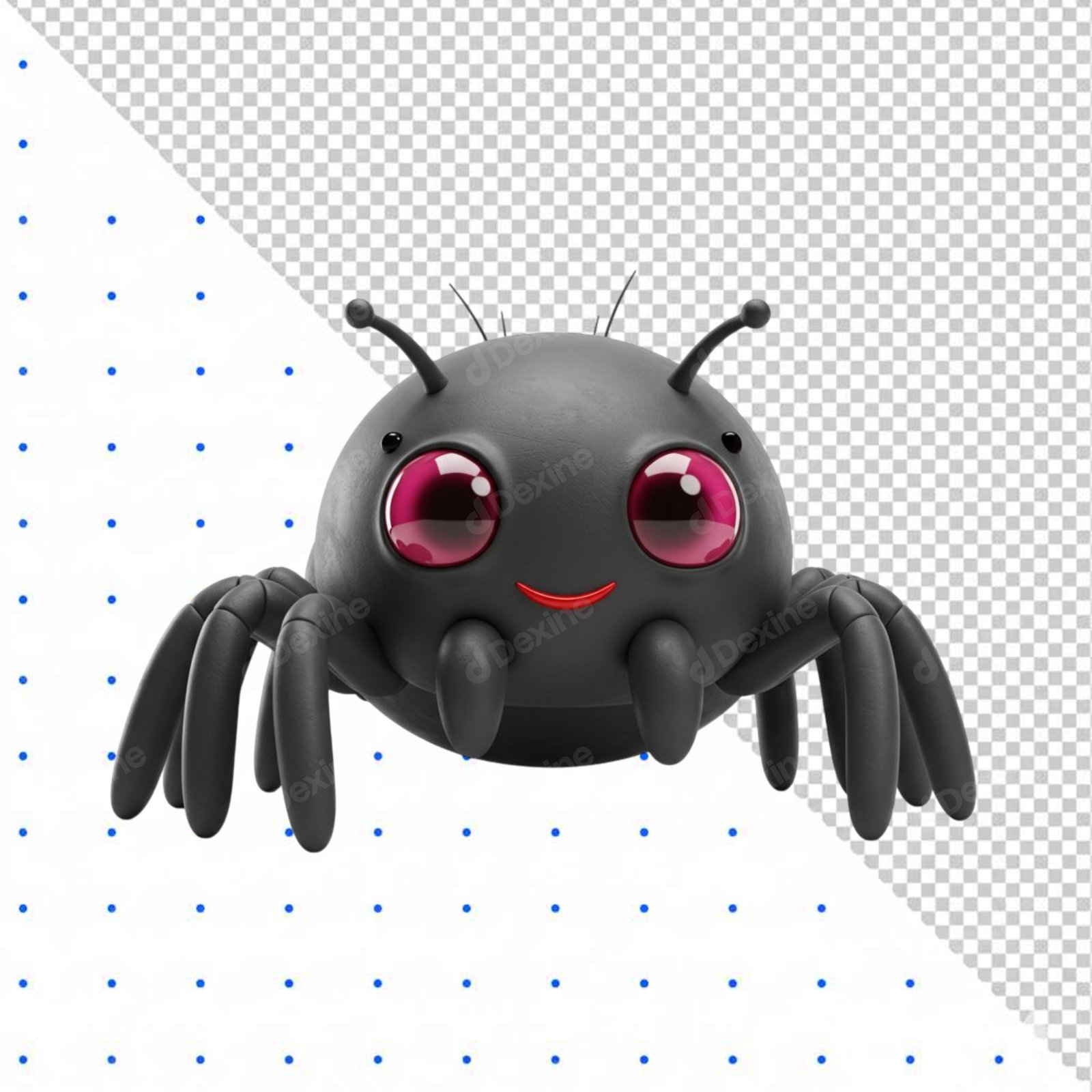 Adorable 3D Black Spider Cartoon Character Cutout PNG Transparent Background