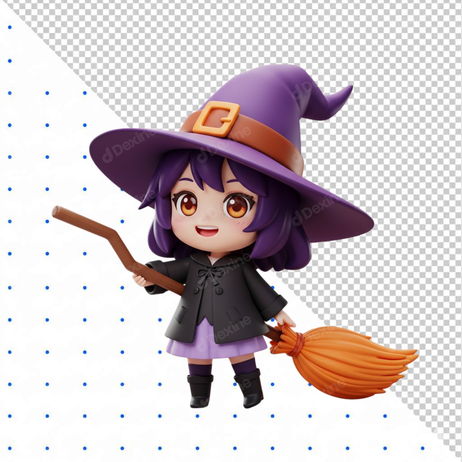Adorable 3D Chibi Witch Holding Broom PNG Transparent Cutout