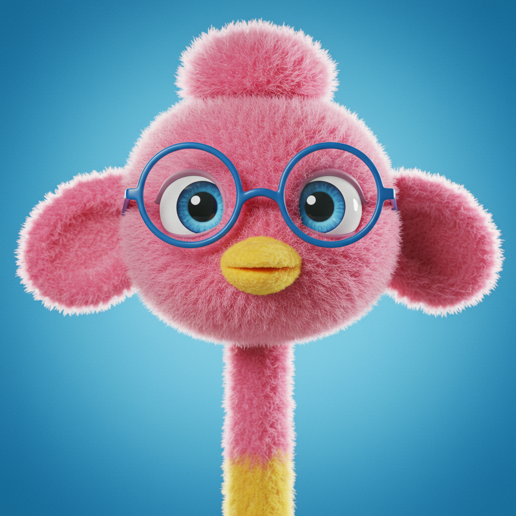 Adorable 3D Pink Fuzzy Bird Character With Blue Glasses