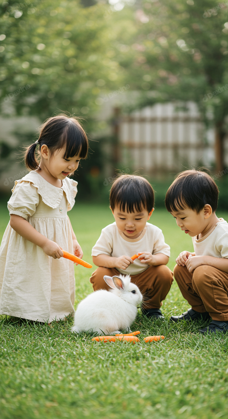 Adorable Asian Children Feeding White Rabbit In Garden