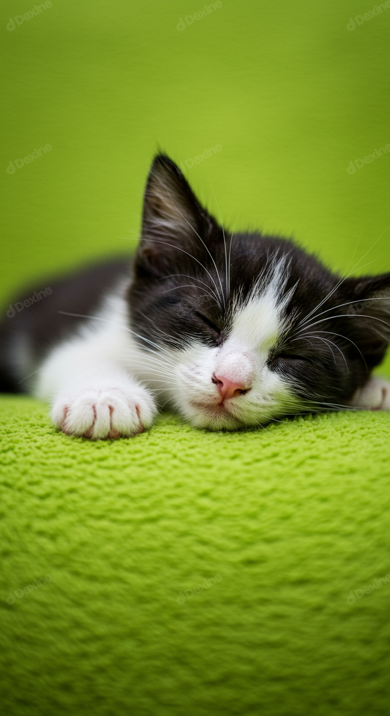 Adorable Black And White Kitten Sleeping Peacefully On Soft Green Surface