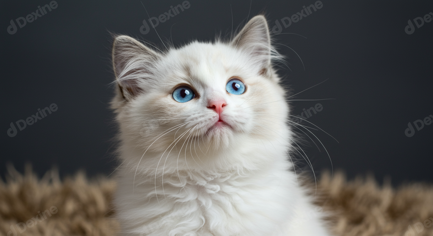 Adorable Fluffy White Kitten With Bright Blue Eyes Gazing Upwards