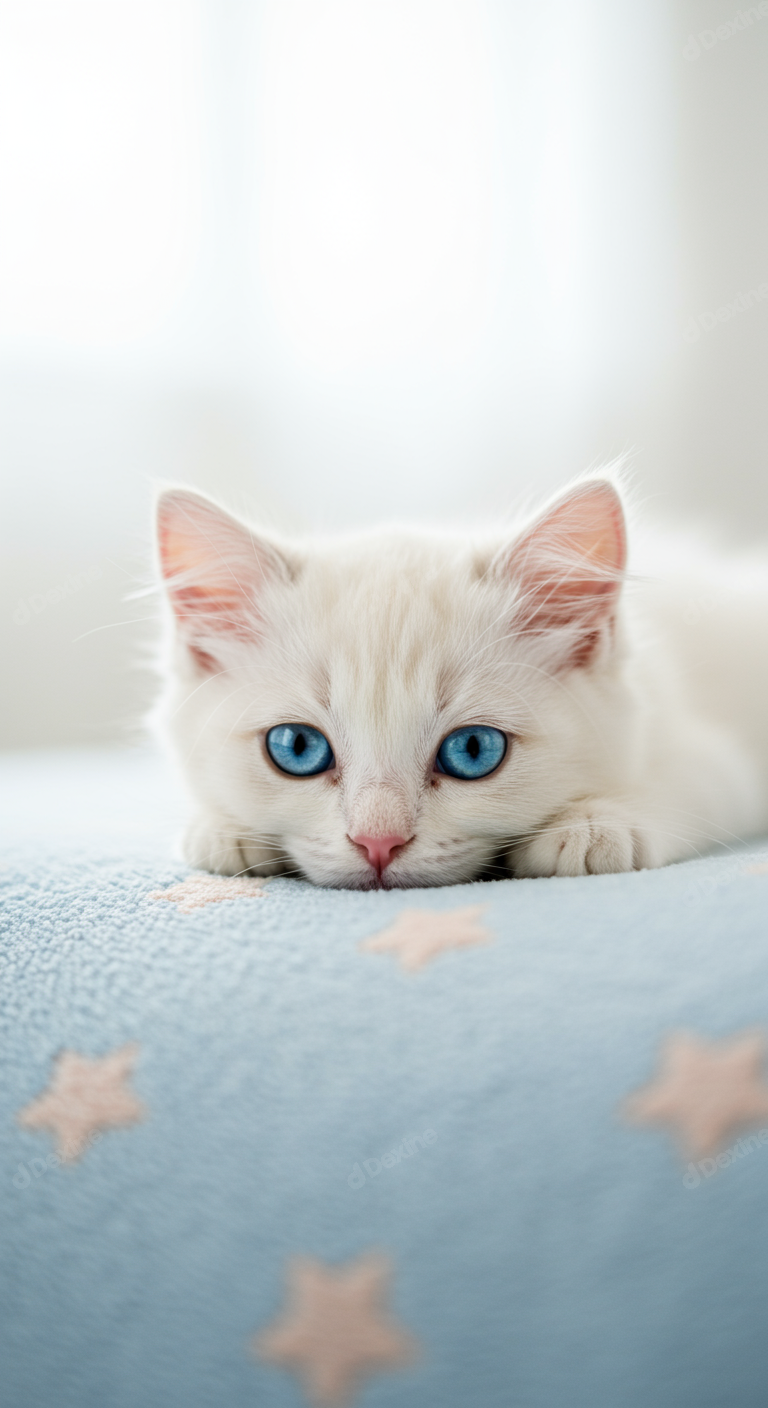Adorable Fluffy White Kitten With Striking Blue Eyes