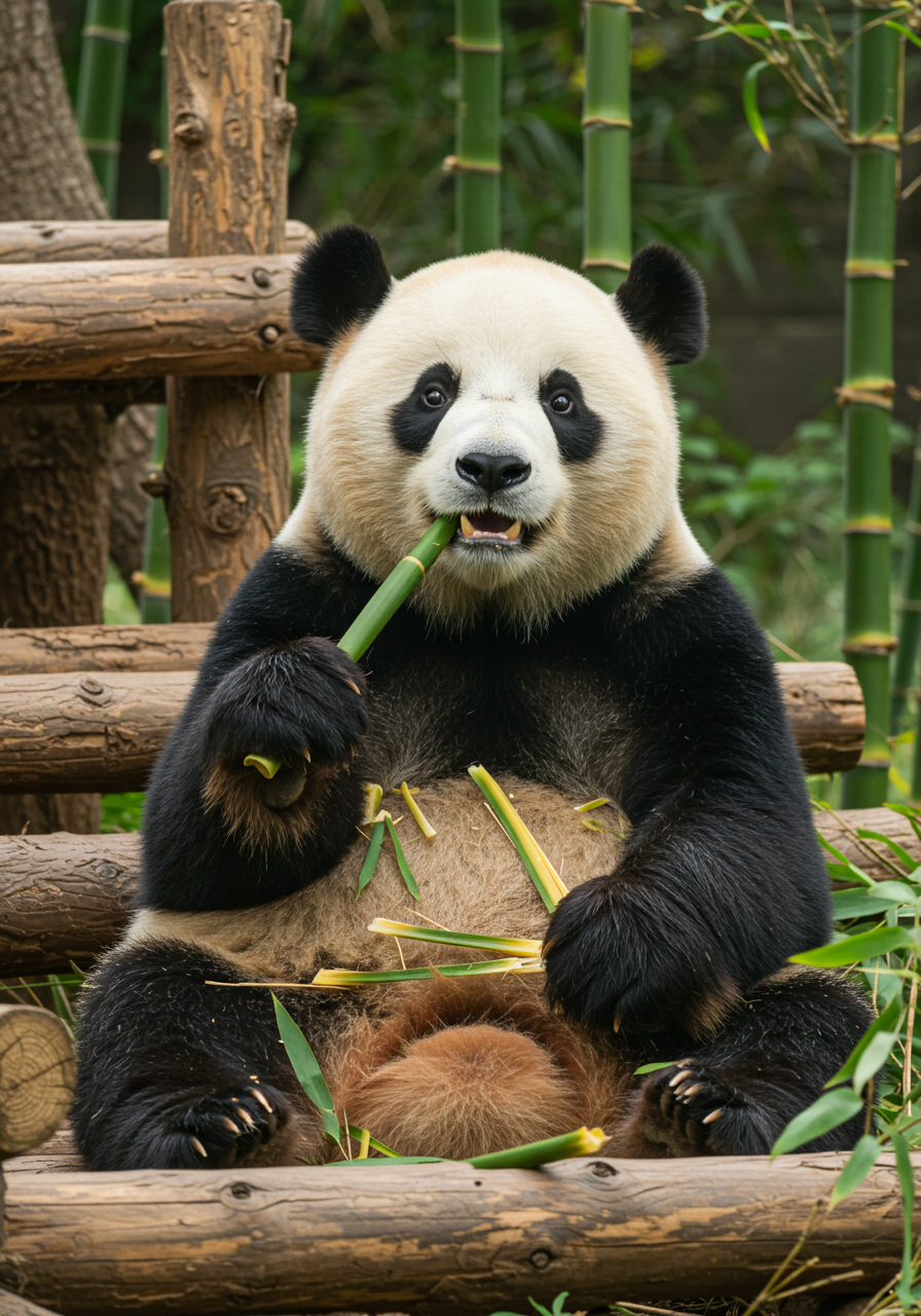Adorable Giant Panda Chewing Bamboo In Natural Habitat