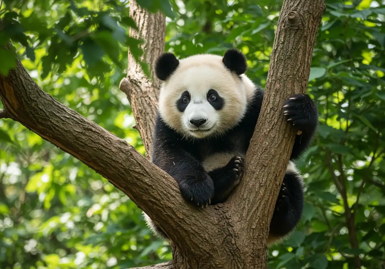 Adorable Giant Panda Resting Peacefully In A Green Tree