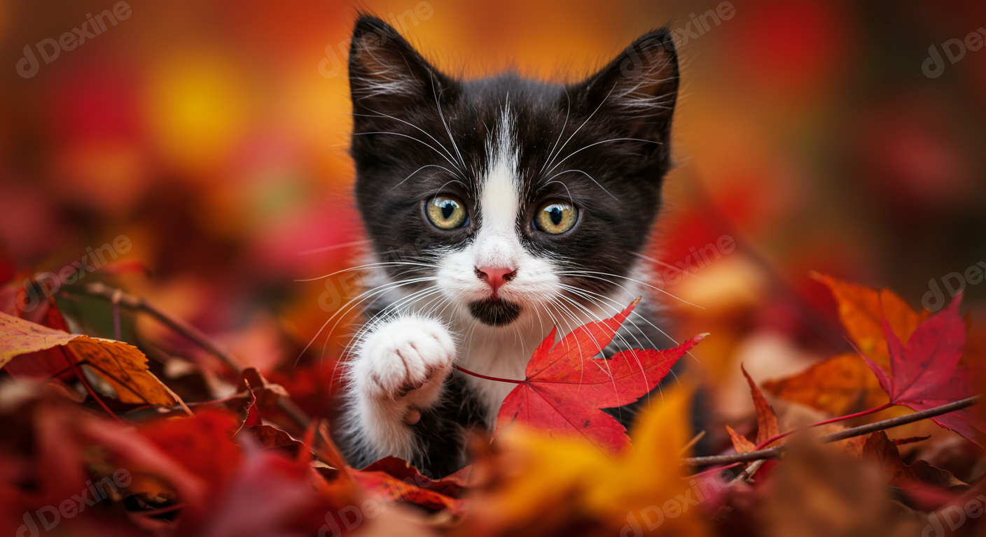 Adorable Kitten Holding Red Maple Leaf In Autumn Leaves