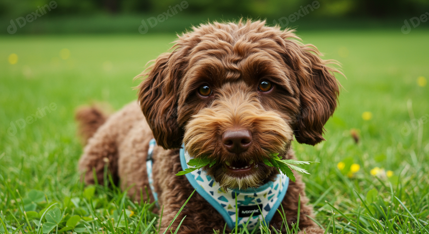 Adorable Labradoodle Puppy With Leaf In Mouth On Green Grass