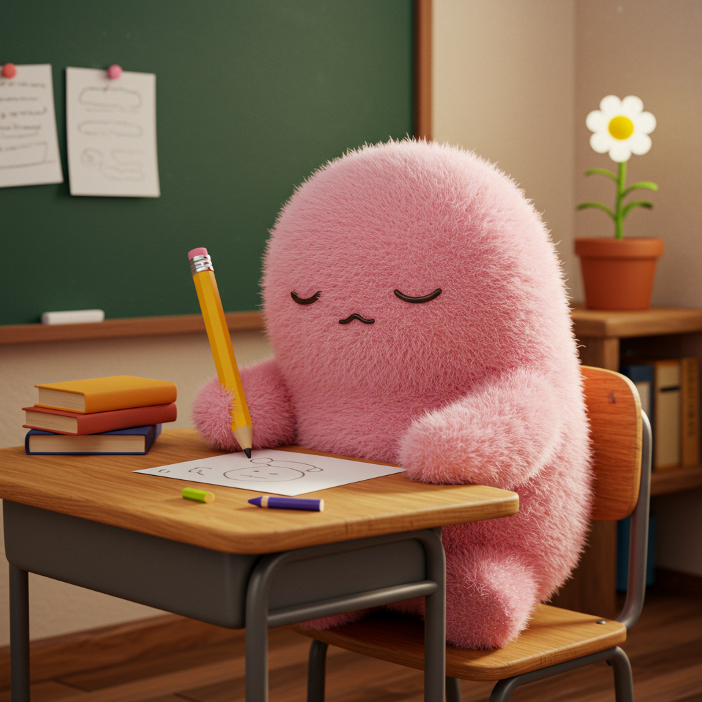 Adorable Pink Fluffy Monster Drawing At School Desk In Classroom