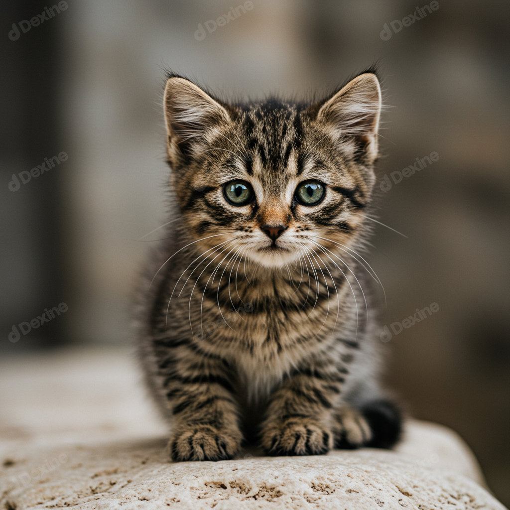 Adorable Tabby Kitten With Bright Green Eyes Looking At Camera