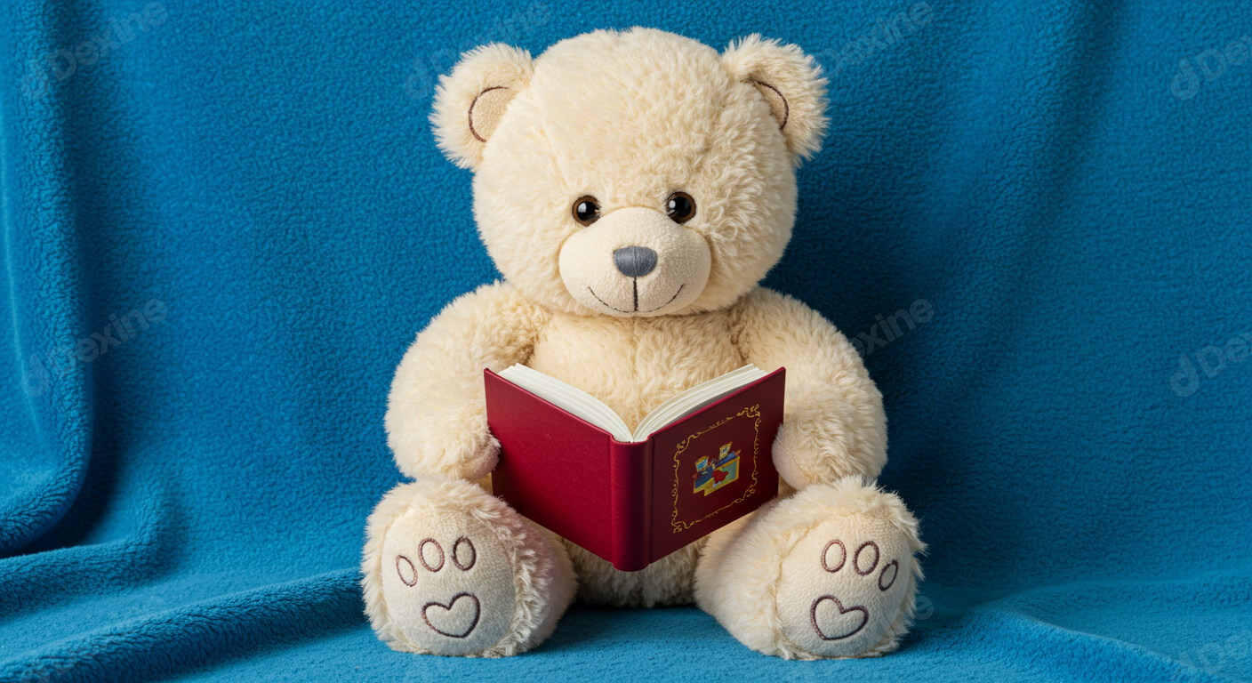 Adorable Teddy Bear Reading A Red Book On Blue Fleece