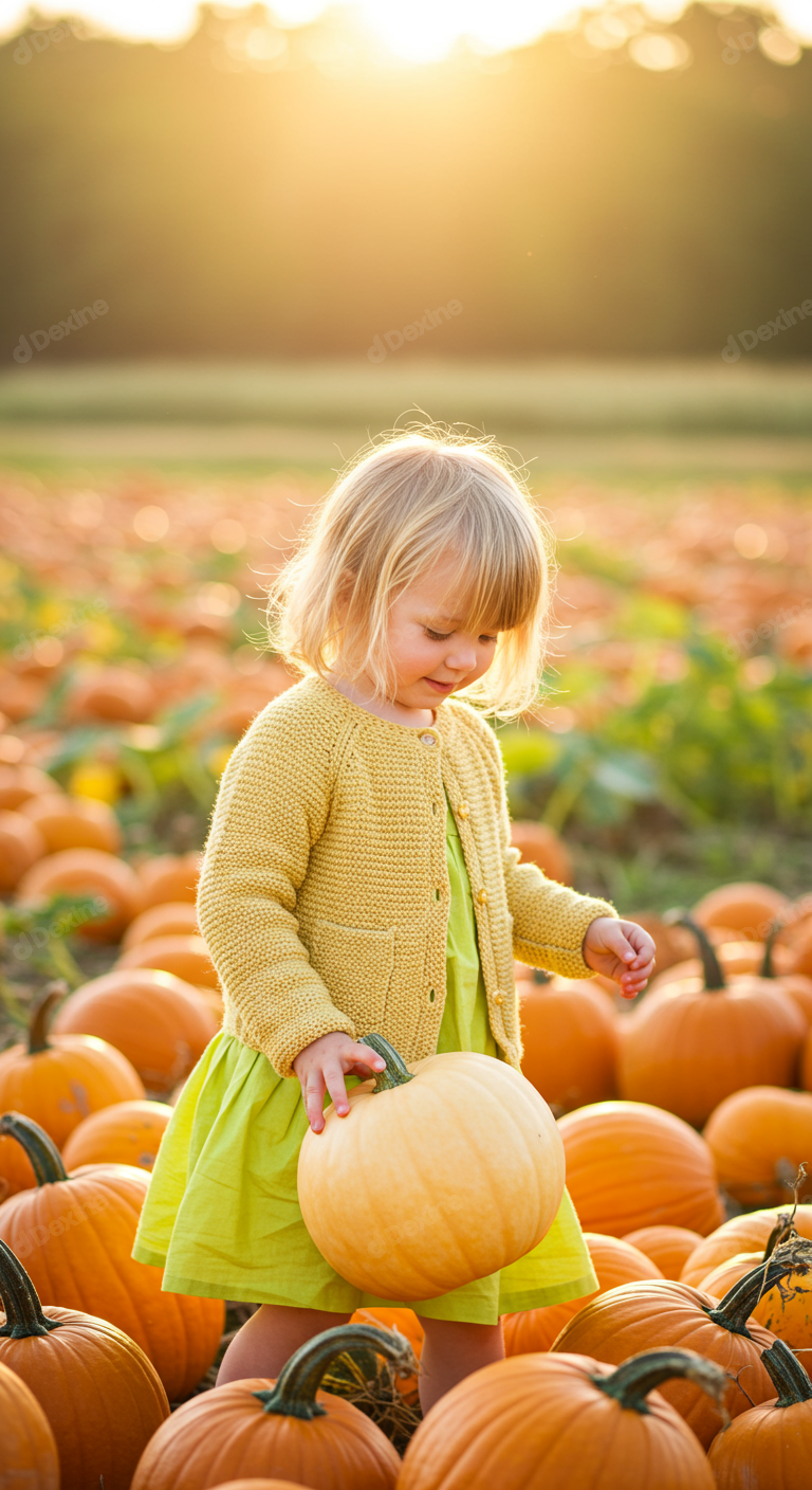 Adorable Toddler Girl Picking Pumpkins In Golden Autumn Field