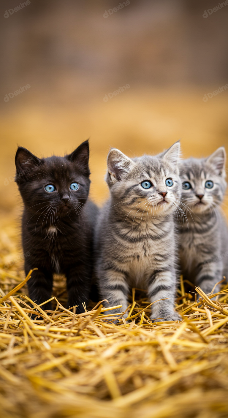 Adorable Trio Of Kittens With Bright Blue Eyes On Golden Hay