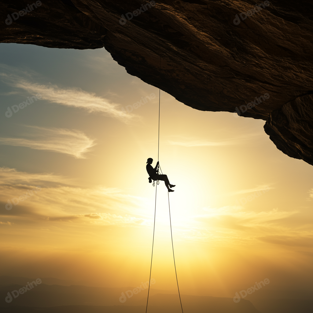 Adventurous Rock Climber Rappelling Cliff Silhouette Against Golden Sunset Sky