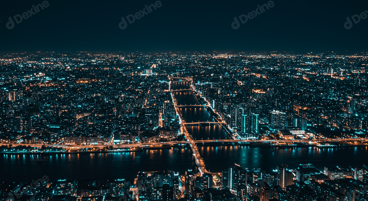 Aerial Night View Of Illuminated Cityscape With River And Bridges
