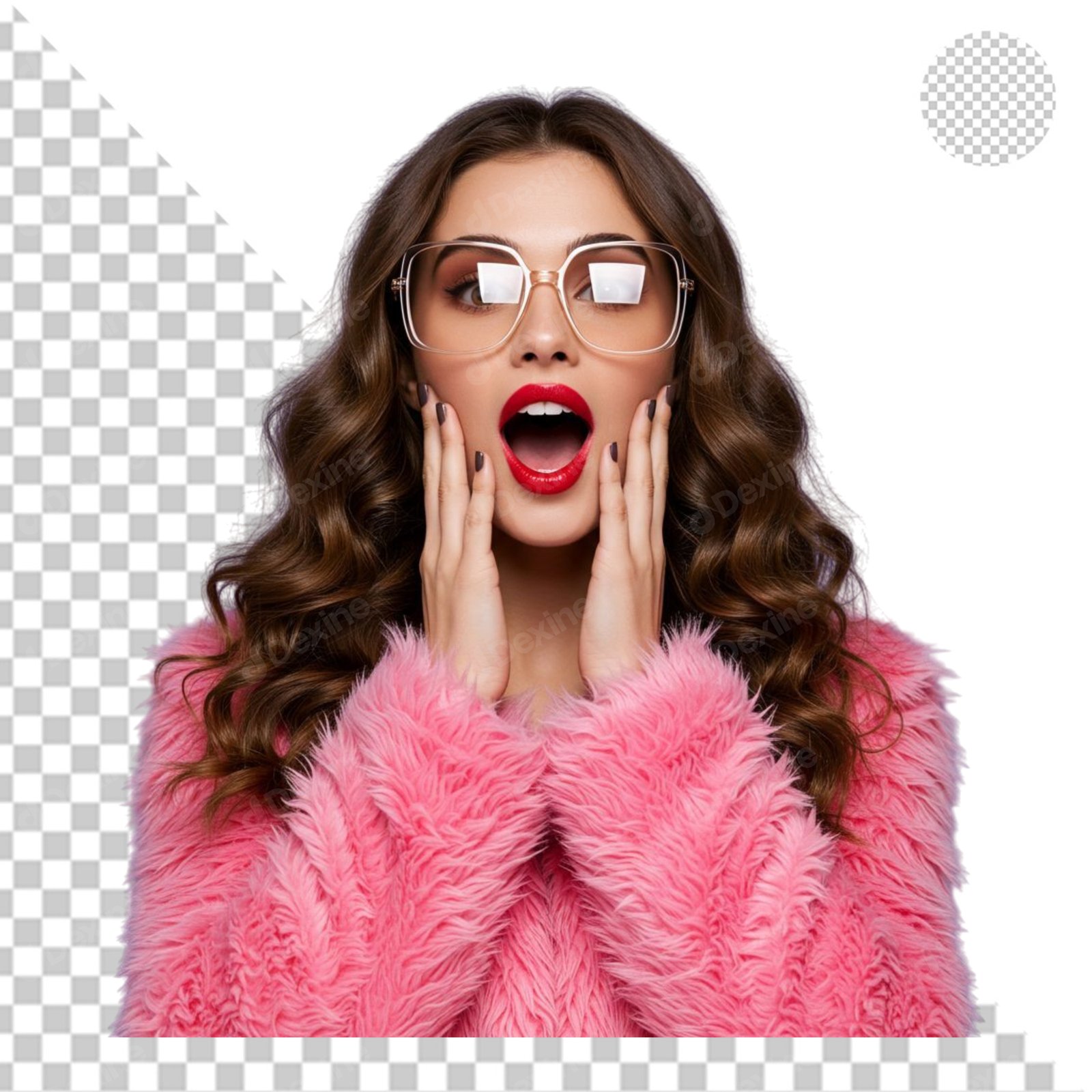 Amazed Woman In Pink Fur Coat With Glasses PNG Cutout