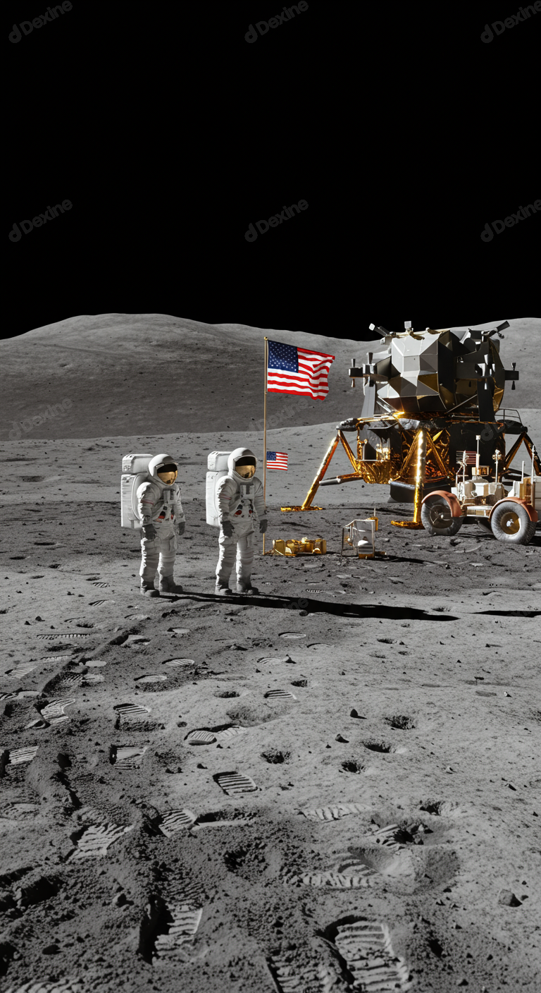 American Astronauts Exploring Lunar Surface With Flag And Lander