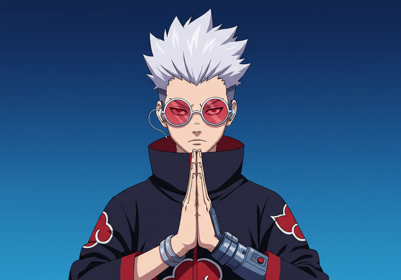 Anime Character With Spiky White Hair And Red Sunglasses