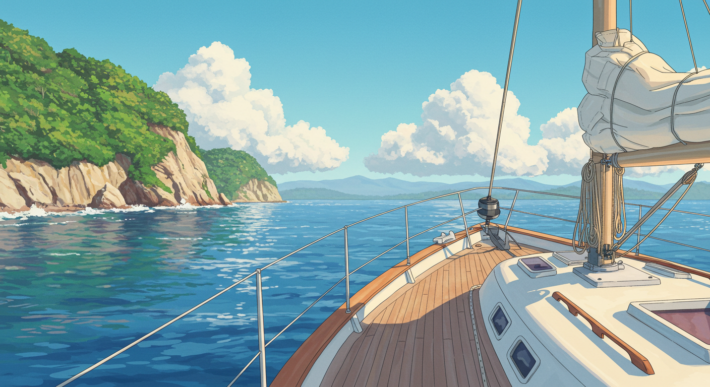 Anime Style Sailboat View By Scenic Tropical Island Coastline