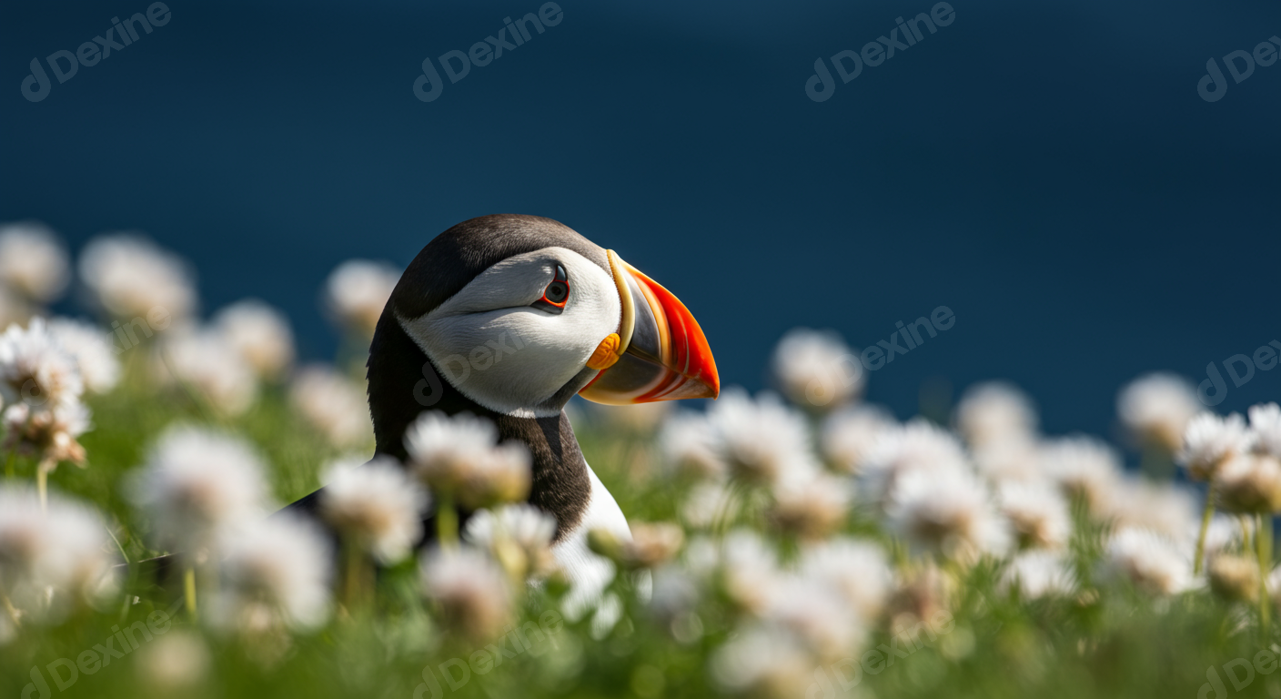 Atlantic Puffin Among Wildflowers Against Deep Blue Background