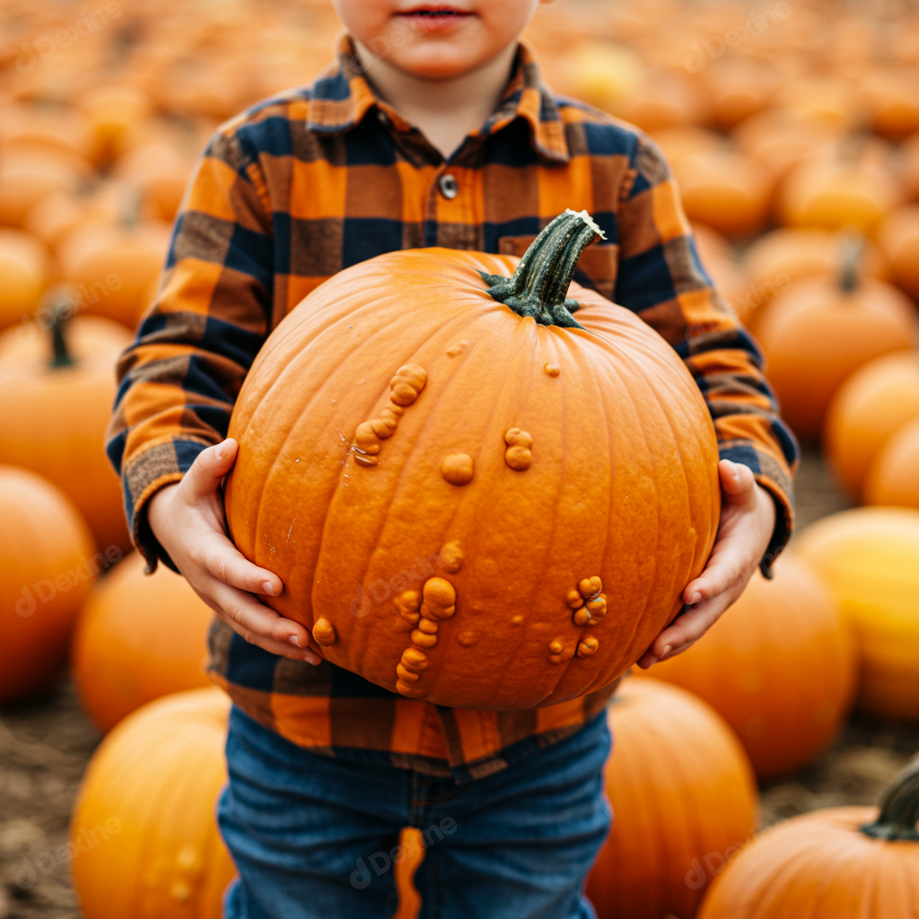 Autumn Fun Little Child With Big Bumpy Pumpkin