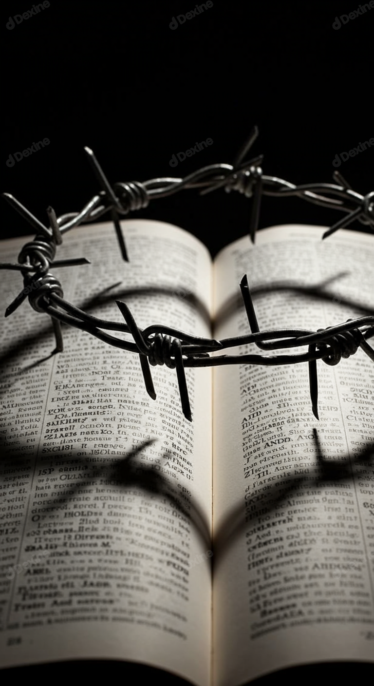 Barbed Wire Crown On Open Book Symbolizing Censorship And Restricted Knowledge
