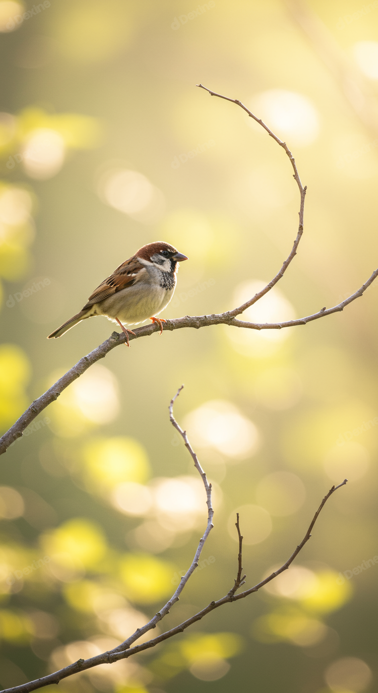 Beautiful House Sparrow Perched On Branch In Golden Hour Light