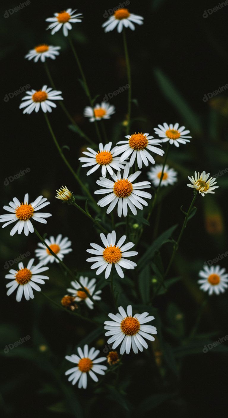 Beautiful White Daisies Blooming In Natural Dark Garden Setting