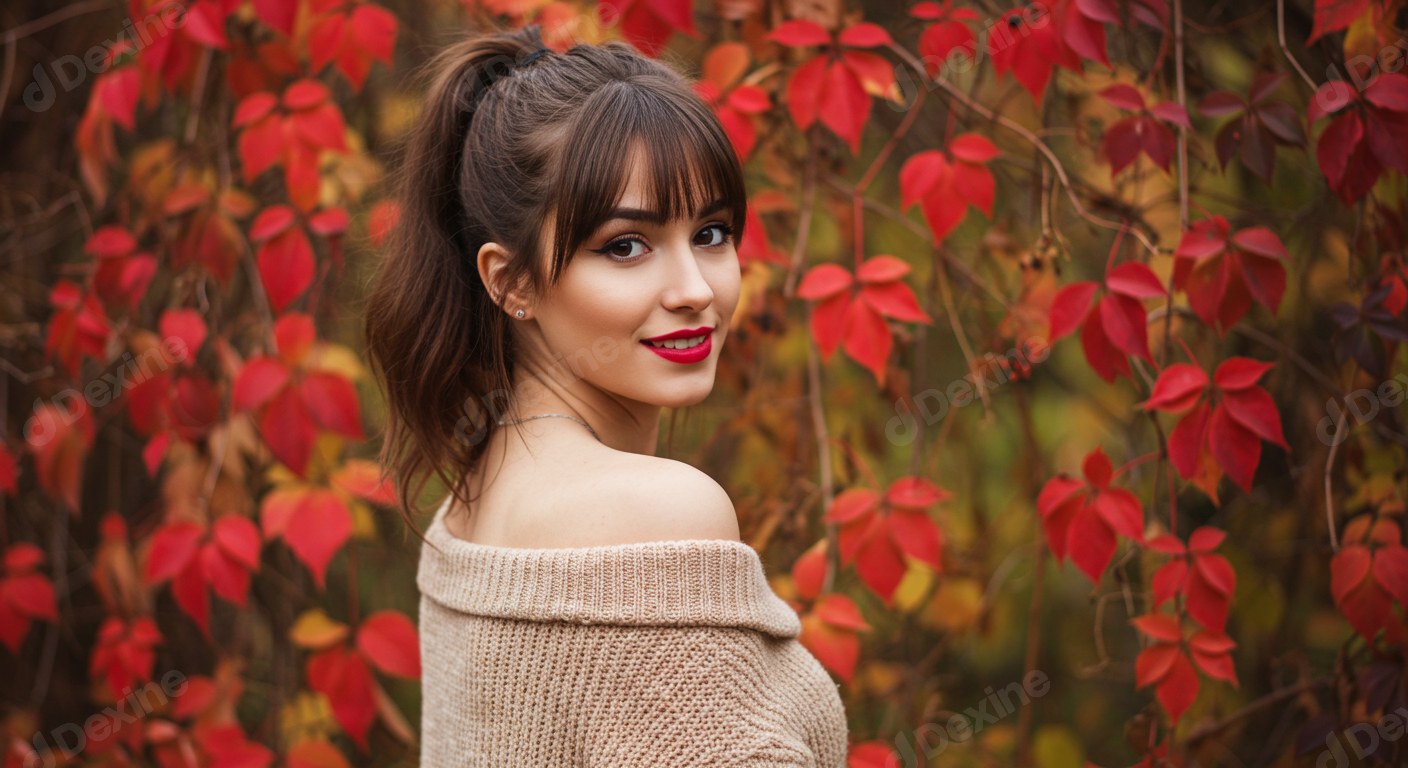 Beautiful Young Woman Smiling In Autumn With Vibrant Red Leaves