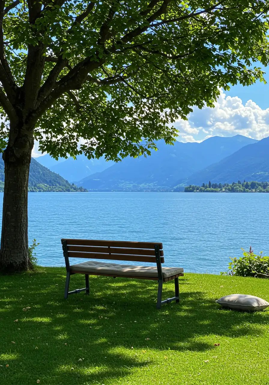 Bench By A Tree Overlooking A Calm Lake