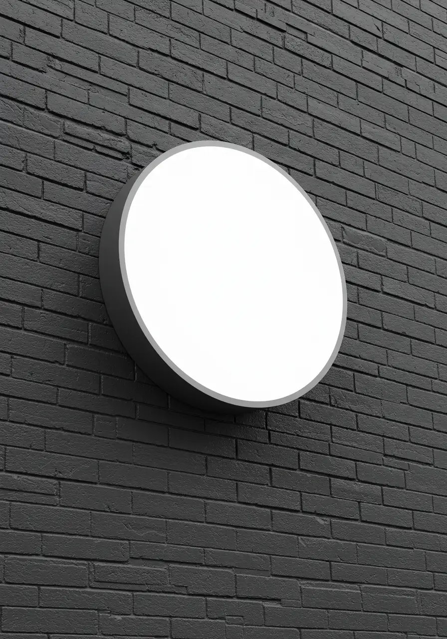 Blank Circular Lightbox Sign Mockup On Dark Brick Wall