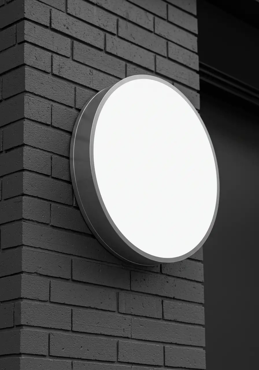 Blank Round Lightbox Sign Mockup On Dark Brick Wall