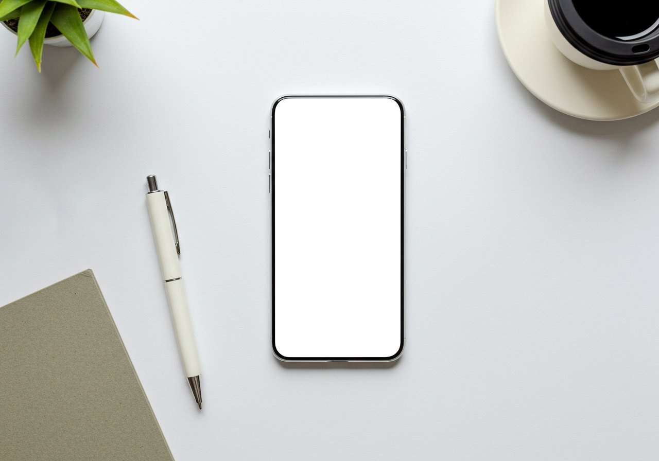 Blank Smartphone Mockup On Minimalist Desk Top View PSD Editable