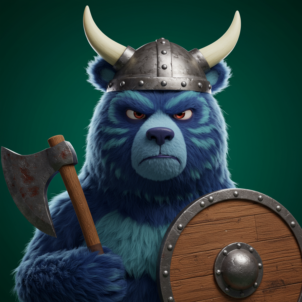Blue Fluffy Viking Bear Warrior With Axe And Shield 3D Cartoon