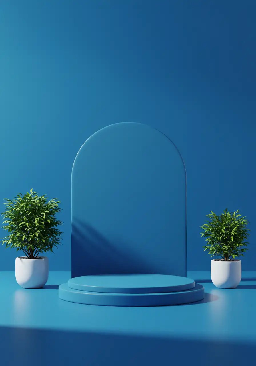 Blue Minimalist Display Podium With Arch And Potted Plants 3D Render